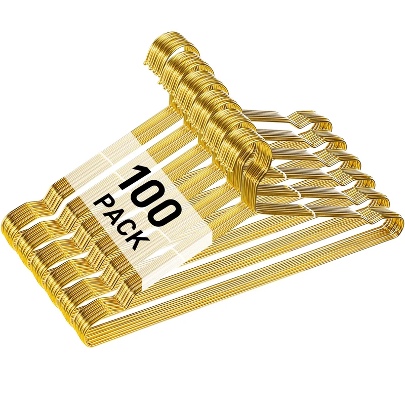 Wesiti 100 Pcs Metal Hangers Wire Hangers for Clothes Hanger Strong Metal Wire 17.7 inch Clothes Space for Coat Suit Bridal Boutique Dress Closet Dorm Clothing Rack (Gold)
