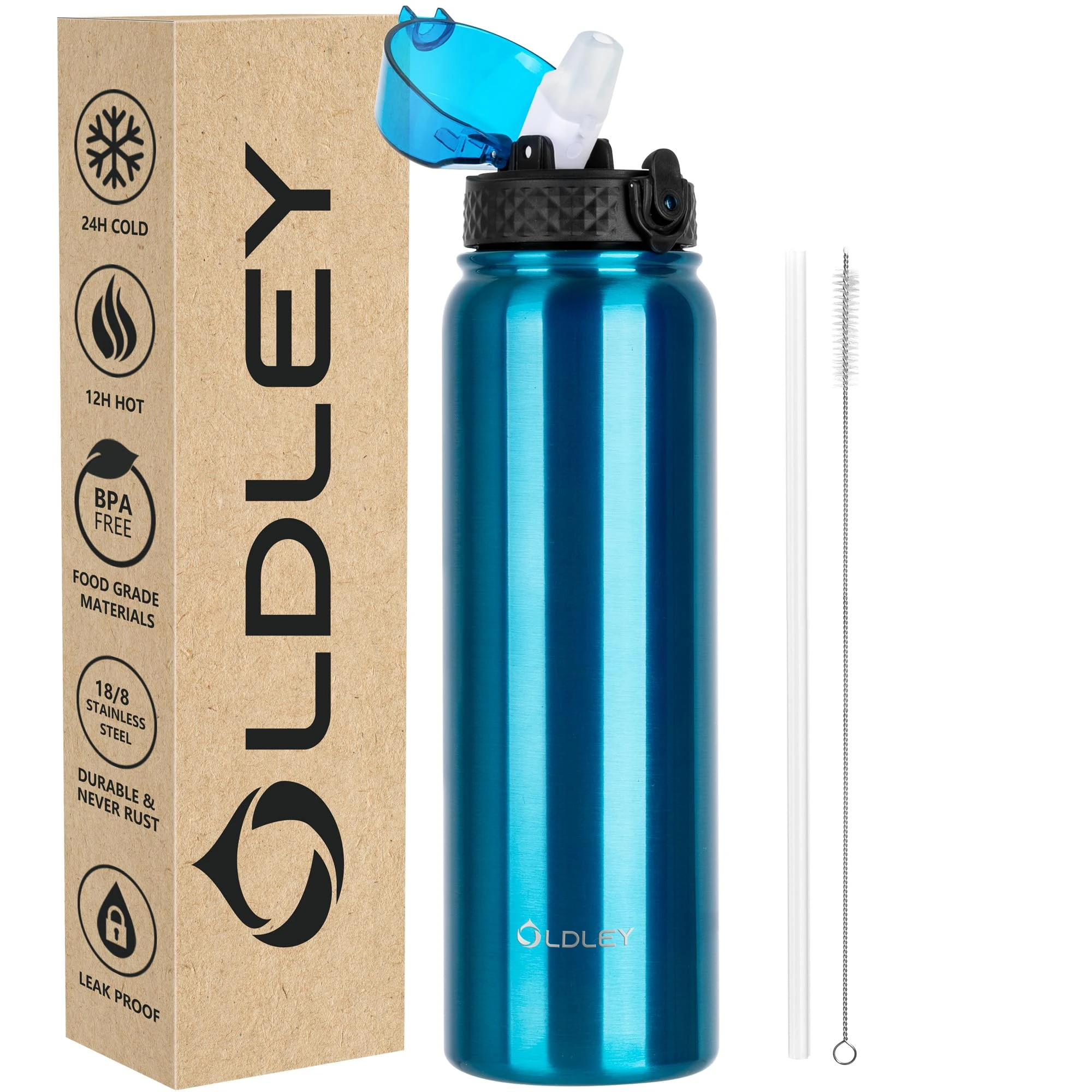 OLDLEY Stainless Steel Water Bottle with Straw 1L Vaccum Insulated Large Drink Flask Metal Water Bottles 1 Litre Leakproof Keep Drinks Hot Cold for Sports Travel Adult Women Men(Bright Blue, 1 Lid)