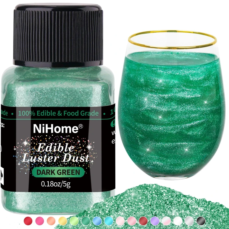 NiHome Edible Luster Dust Glitter Powder Metallic Food Decorating Sprinkle Glimmery Brew Dust for Drink Wine Beverage Cake Dessert Home Bakery Restaurant Vegan Allergen-Free (5g/0.18oz, Deep Green)
