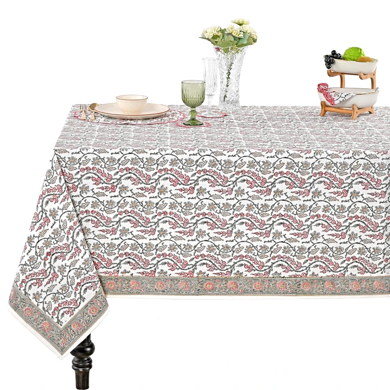 Ridhi Coral Pink Hand Block Print Cotton Rectangle Tablecloth 160" x 72" inches Reusable Table Cover Decorative Everyday Use for Dining Room, Farmhouse, Home Gift for Spring, Mother's Day
