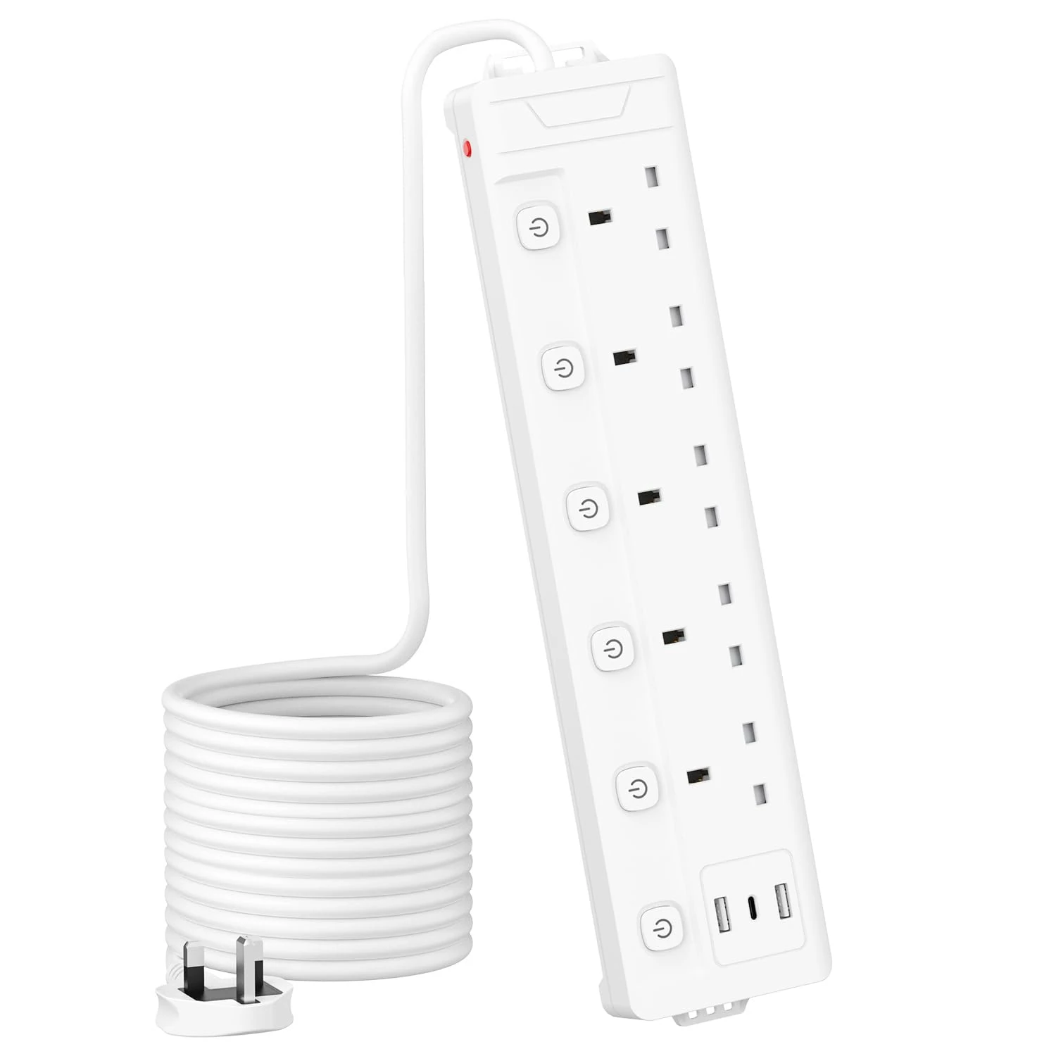 5M 5 Gang Extension Lead with 3 USB Slots Multi Plug, Mscien Extension Lead with 5M with Individual Switch, White 5 Metre, For Home Dorm Office Extension