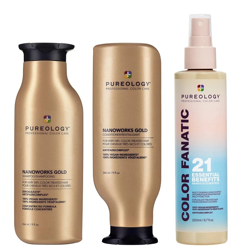 Pureology Nanoworks Gold Shampoo and Conditioner 266ml and Color Fanatic Multi-Tasking Leave-In Spray 200ml, Trio Bundle, Revive Tired & Dull Color Treated Hair, Vegan