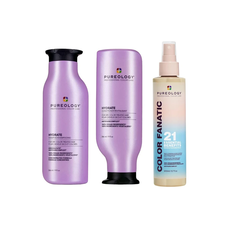 Pureology | Prime and Protect haircare trio with Colour Fanatic Spray, Hydrate Shampoo and Conditioner 266ml with Colour Fanatic Spray 190ml, Vegan Formula, Trio Routine
