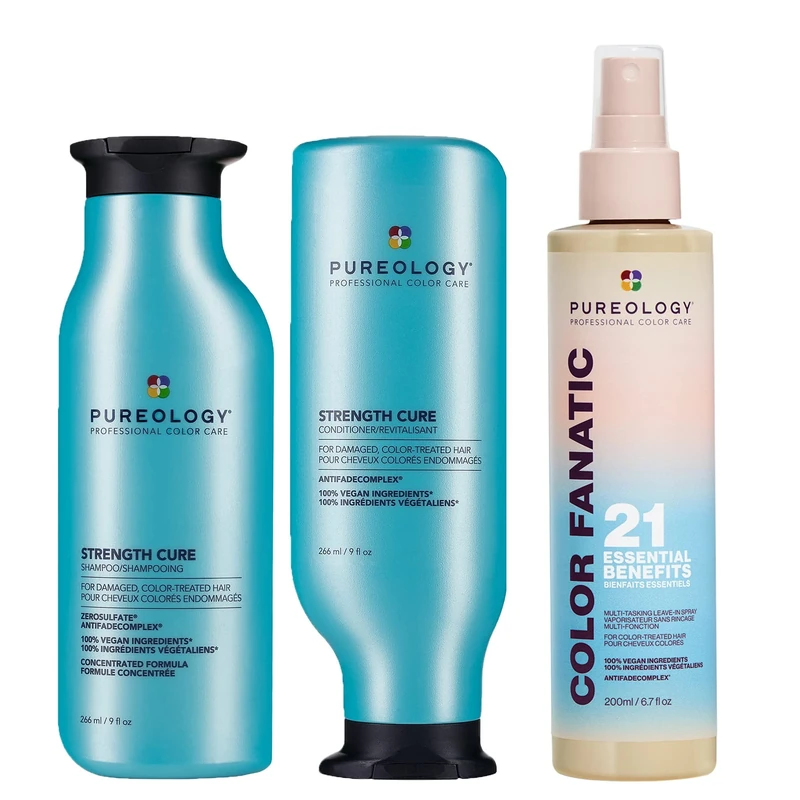 PUREOLOGY Strength Cure Shampoo & Conditioner, Color Fanatic Multi-Tasking Spray, for Damaged, With 21 Benefits Prime, Perfects & Protects Color Treated Hair