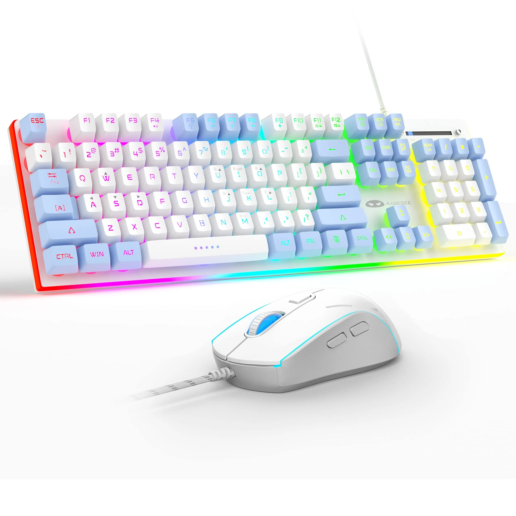 MageGee GT838 Gaming Keyboard and Mouse Combo, 104 Keys RGB Backlit Quiet Wired Keyboards for Laptop PC MAC, with Number Pad, Metal Panel, Anti-Ghosting, White Blue