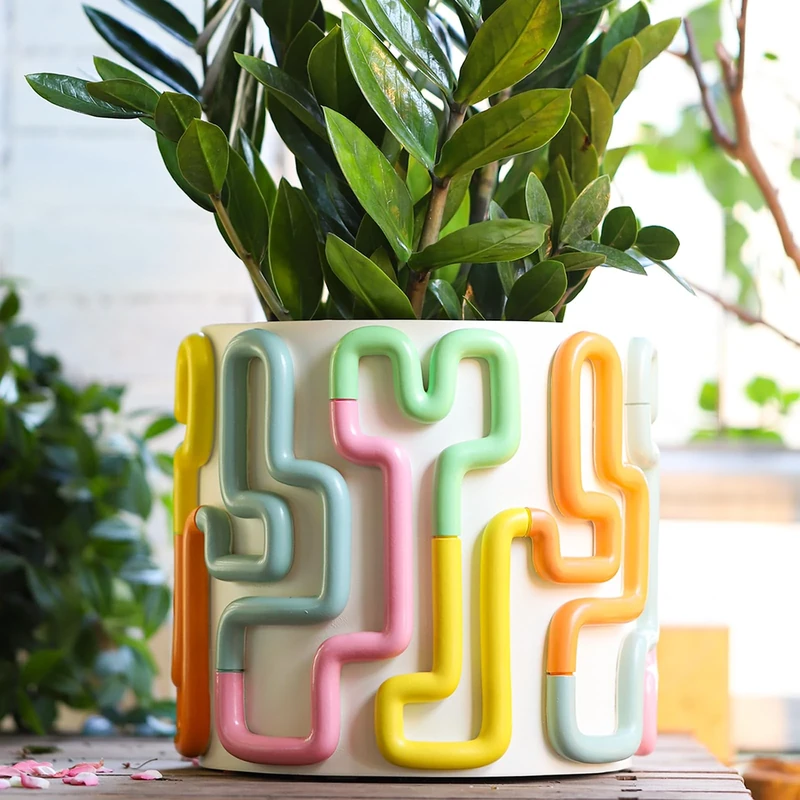 GUGUGO 8 Inch Pastel Lines Planters, Cute Unique Rainbow Planter with Drainage, Vintage Retro Eclectic Flower Plant pots for Indoor Plants and Succulent,Funny Boho Modern Home Décor