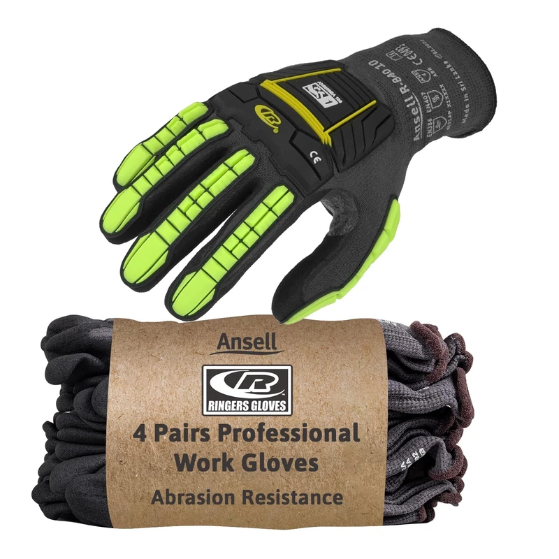 Ansell Ringers R840 Professional Work Gloves, Abrasion Resistant Nitrile Coating with Firm Grip, Multipurpose Protection Gloves, Mechanical and Industrial Safety, Black, Size 2XL (4 Pairs)