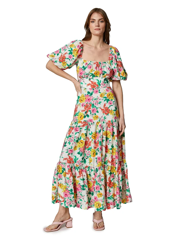 Koton Women's Floral Long Dress Square Neck Puff Sleeve, Pink Design (2d5), 10