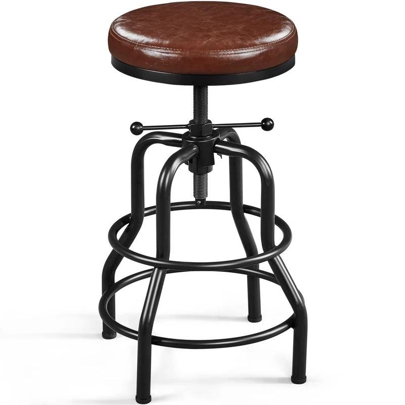 Yaheetech Industrial Bar Stools Rustic Kitchen Height Adjustable Barstool (54.5-71.5 cm) Chairs Round with Faux Leather Seat, Footrest for Kitchen Counter, Home Bar, 1PCS