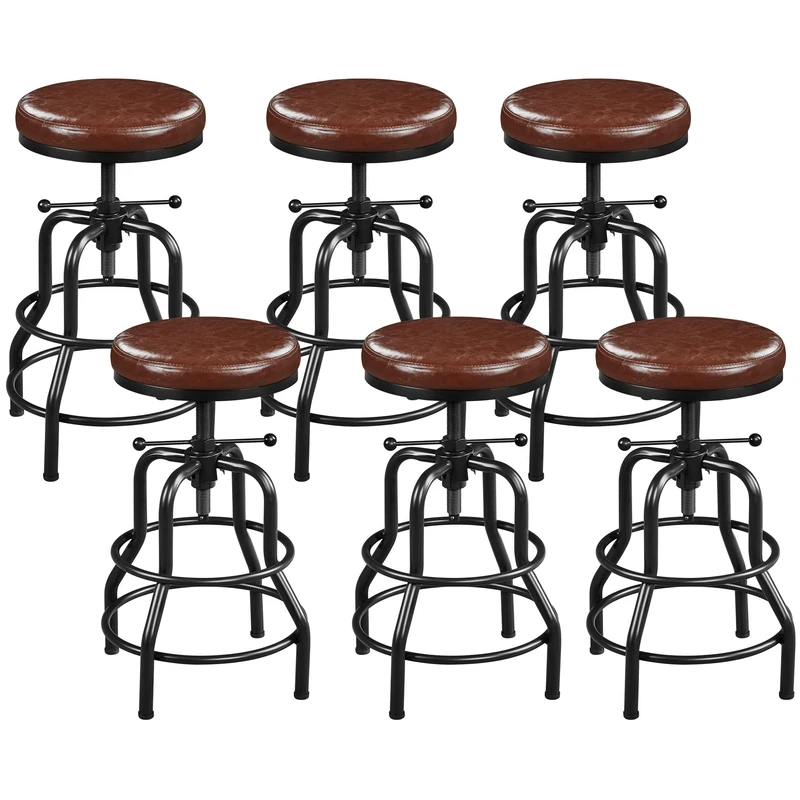 Yaheetech Industrial (54.5-71.5 cm) Height Adjustable Rustic Bar Stools Chairs Round with Faux Leather Seat, Footrest, Stool for Kitchen Counter, Home Bar, 6PCS