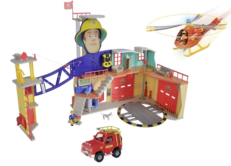 Simba - Mega XXL Fireman Sam Station - Fire Station with Helicopter Wallaby, 4 x 4 Fire Engine (Red) and Figures of Sam, Tom & Penny, Toy for Children from 3 Years [Exclusive to Amazon]