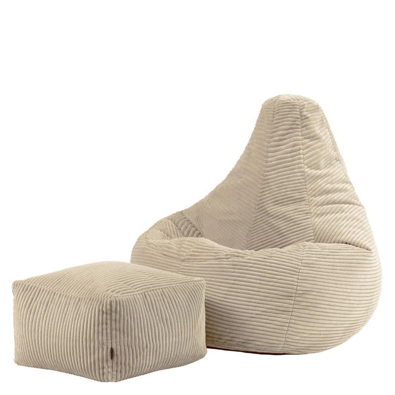 icon Dalton Cord Bean Bag Chair with Footstool, Beige, Large Adult Bean Bag with Filling Included, Comfy Chair, Living Room Furniture, Bedroom Furniture