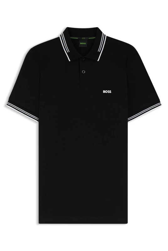 BOSS Mens Paul Stretch-Cotton Slim-fit Polo Shirt with Branding and Stripes Black