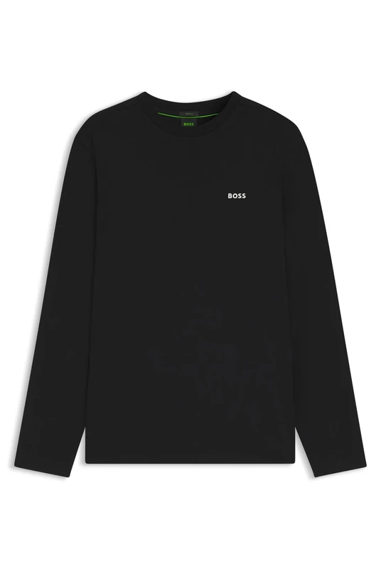 BOSS Mens Tee Long Long-Sleeved T-Shirt in Stretch Cotton with Contrast Logo
