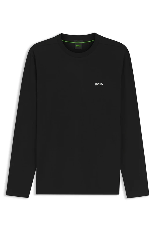 BOSS Mens Tee Long Long-Sleeved T-Shirt in Stretch Cotton with Contrast Logo