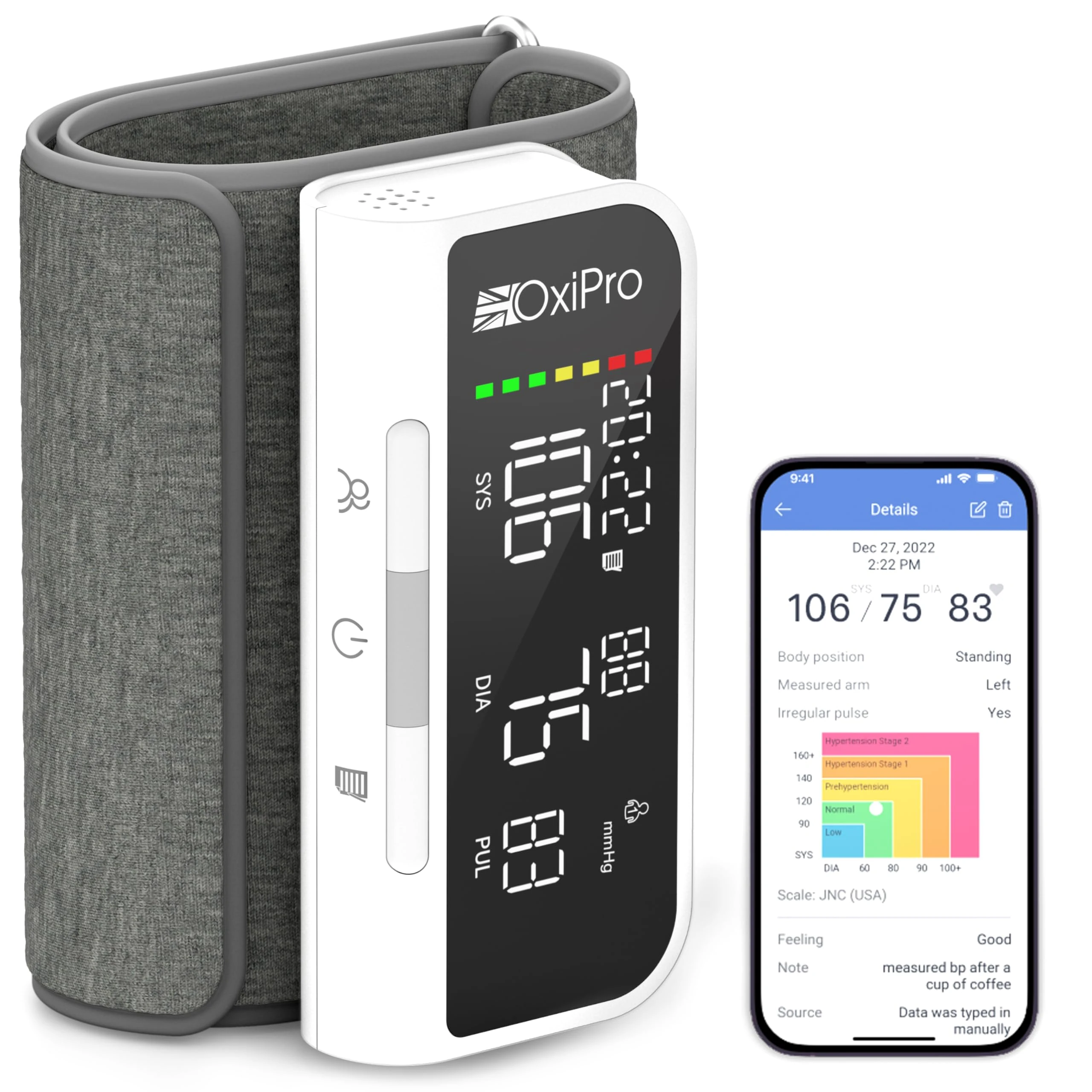 OxiPro BP2 Smart Blood Pressure Monitor with App - CE Approved Blood Pressure Machines - Universal Small to Large Cuff - Email BP Monitor Results to Your NHS Doctor via Included App - UK, White