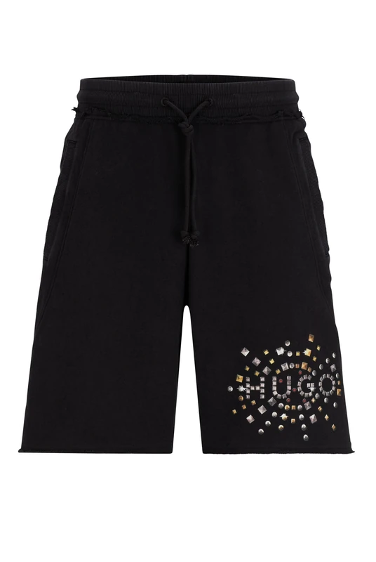 HUGO Mens Dlake Cotton-Terry Shorts with Stud-Effect Artwork Black