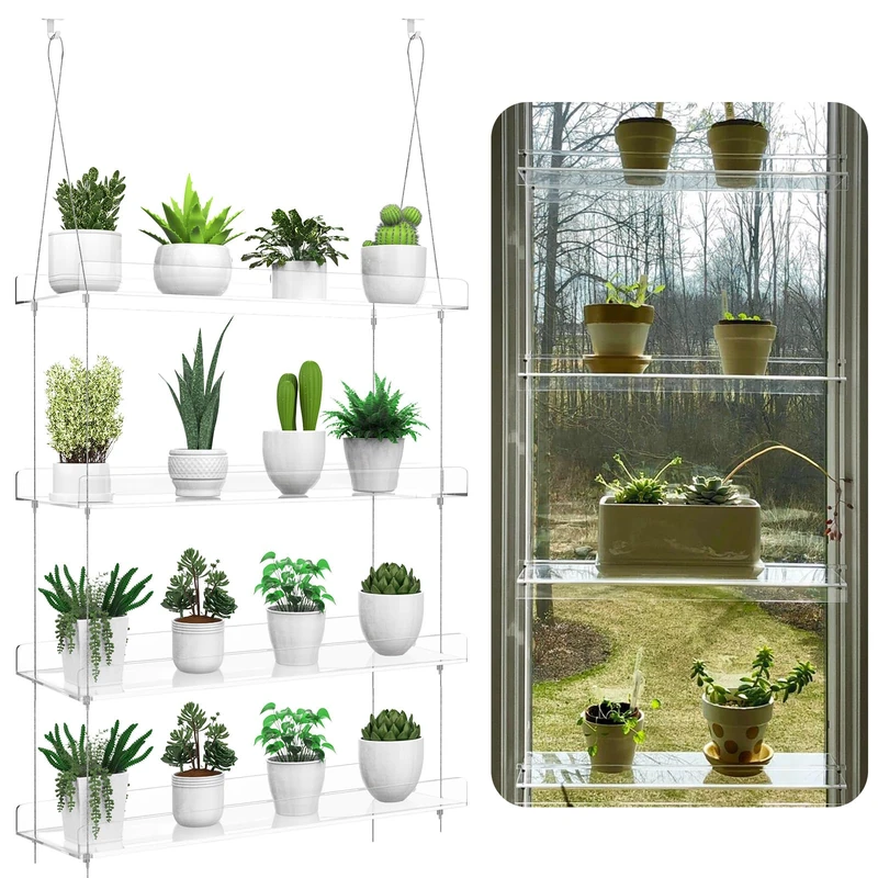 ZerzSemp Hanging Clear Acrylic Plant Shelves, 4-Tier Window Wall Stand for Indoor Gardens, Flower, Succulents, Herb, Seedling Organization and Plants Pots Display