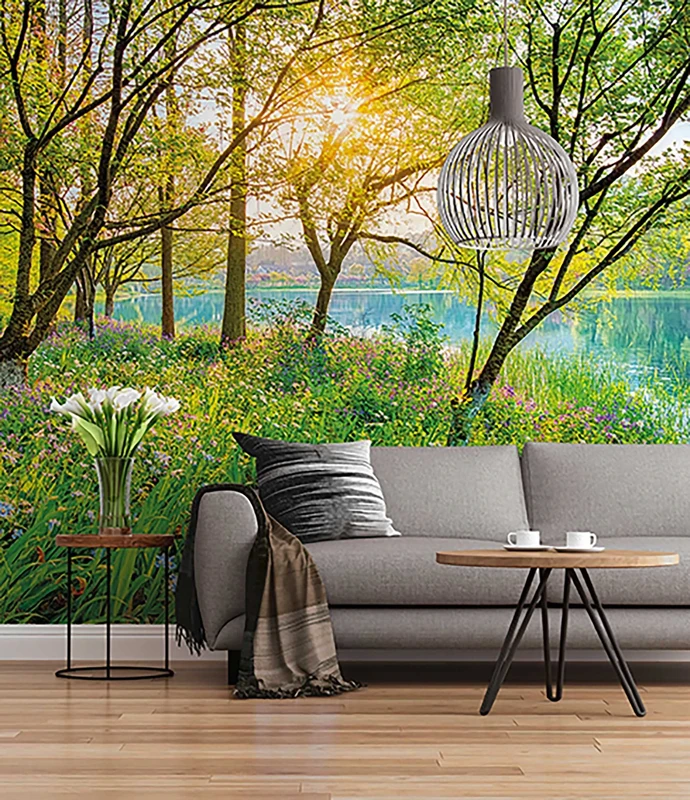 Komar Photo Wall Mural - Spring Lake - Size 368 x 254 cm - Lake, Trees, Sun, Relaxation, Wallpaper