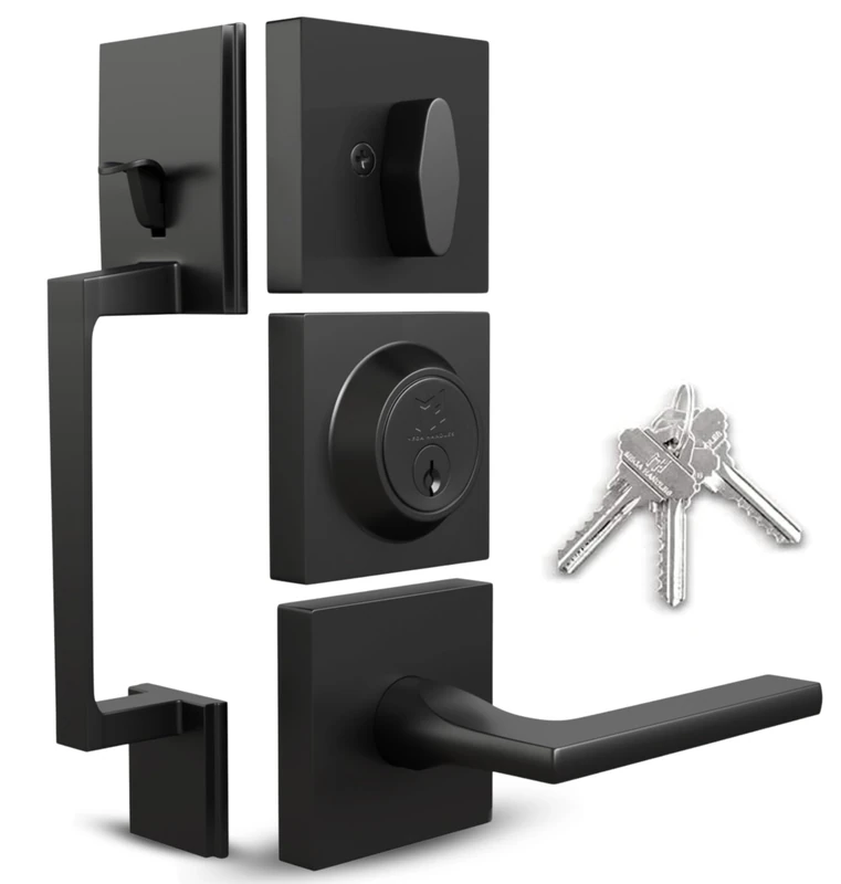 Mega Handles Black Entry Door Handleset - Single Cylinder Handleset with Lever for Entrance and Front Doors - Modern Door Handles with Design for Left and Right-Handed Doors - Straight Handle