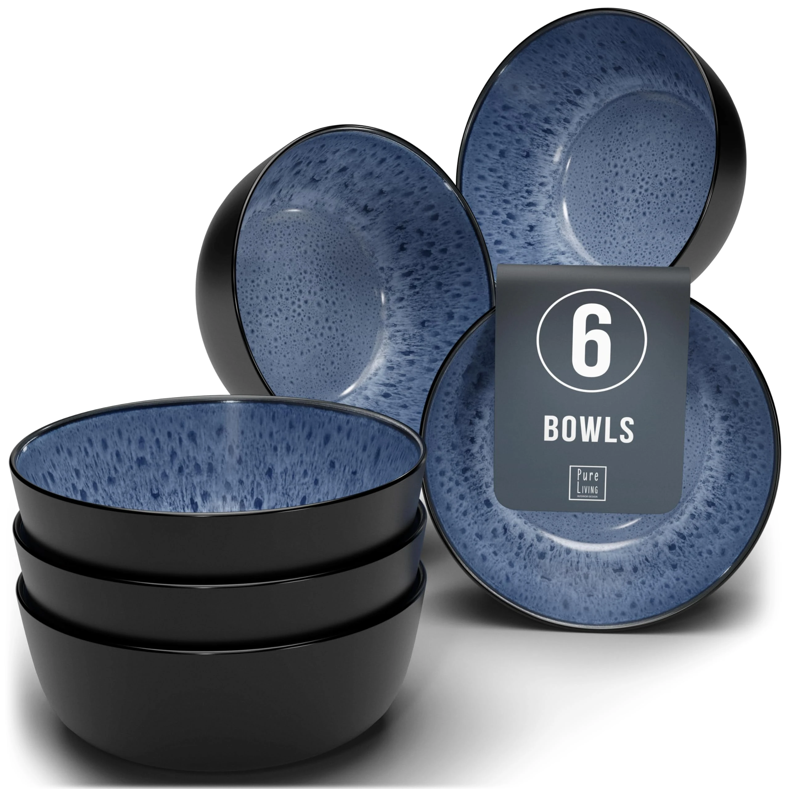 Ibiza Stoneware 6-Piece Cereal Bowl Set - Dishwasher and Microwave Safe - Cereal Bowls - Elegant Design - Dishes & Bowls - Pure Living in Deep Blue