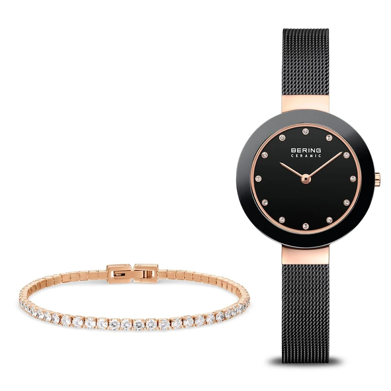 BERING Women's Quartz Watch, 29 mm Rose-Gold Stainless-Steel Case and Black Dial, Milanese Strap, Sapphire Crystal, 5 ATM, 11429-166-GWP1
