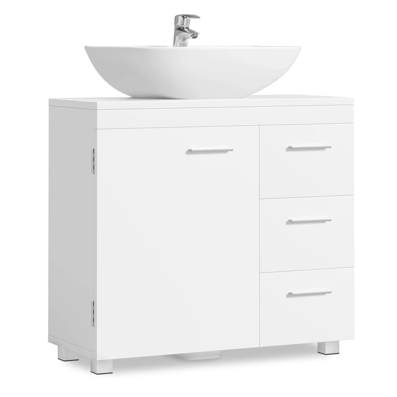 VASAGLE Under Sink Bathroom Cabinet, Storage Cabinet, with 3 Drawers, 2 Compartments Behind the Door, for Washbasins with Pedestal, with Feet, 30 x 70 x 64 cm, Cloud White BBK504W01