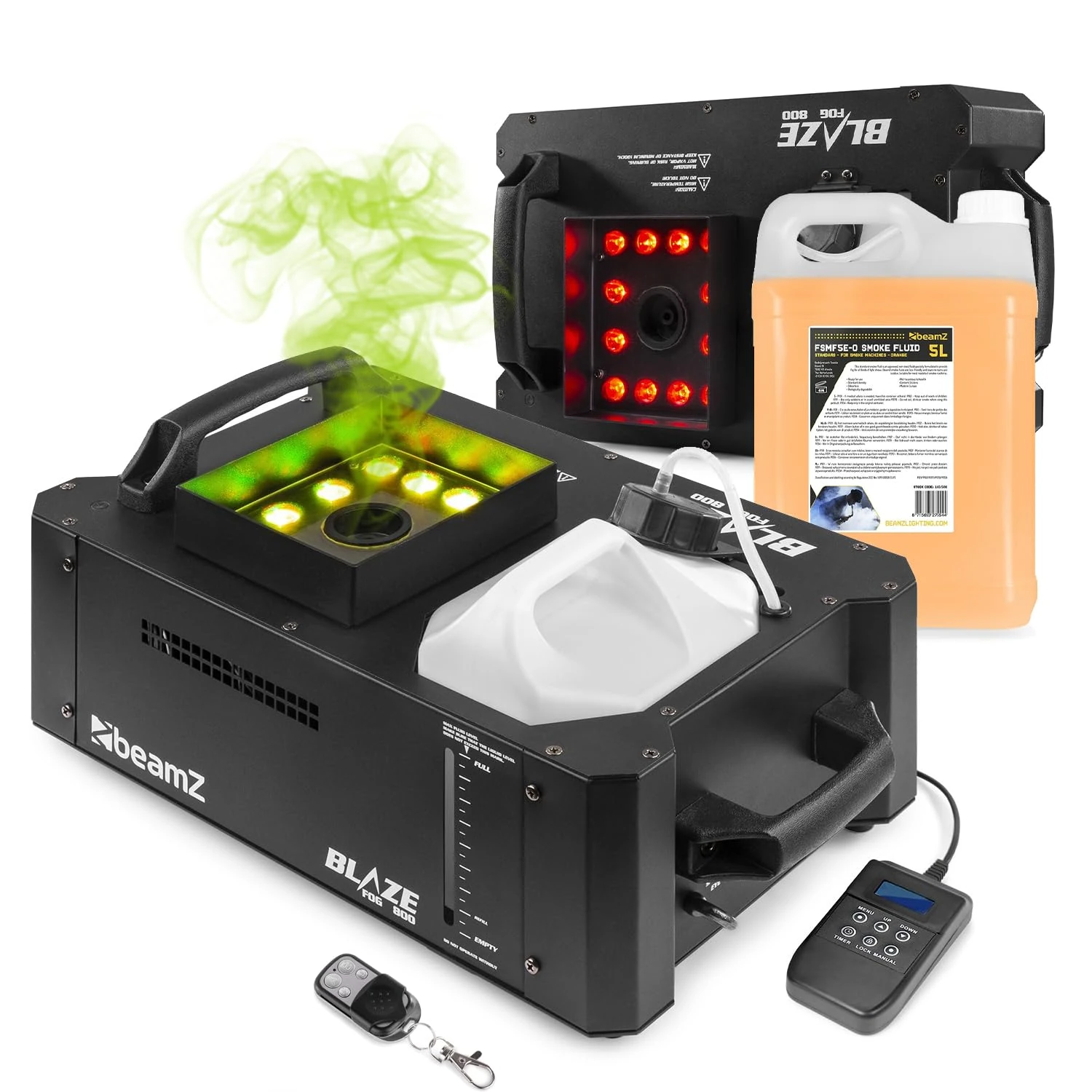 beamz BLAZE800 Vertical Smoke Machine Pair with 12x4W RGBA LED, DMX Control, Wired & Wireless Remotes and 5L Premium Fog Fluid - DJ, Stage & Event Fogger System