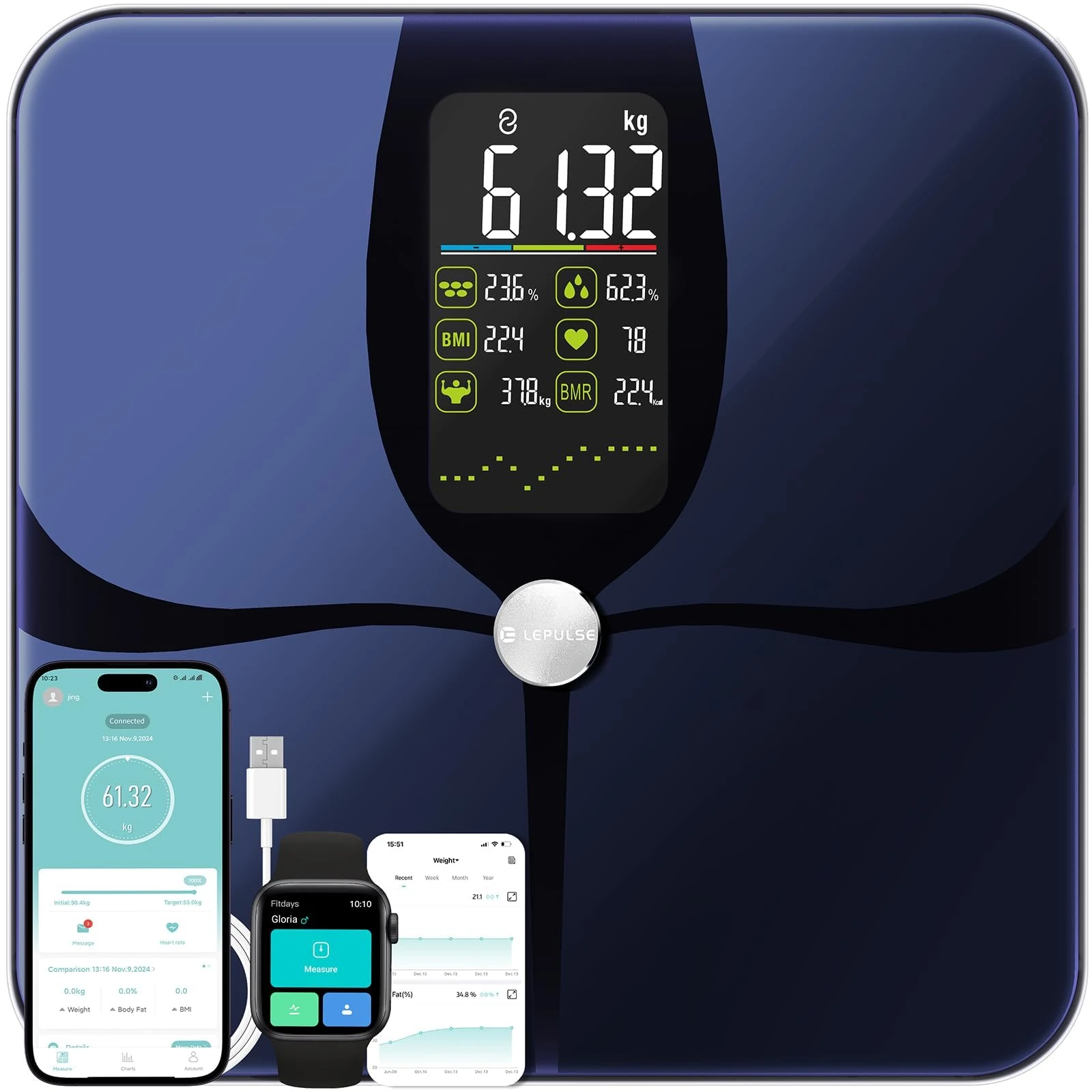 Lepulse Smart Scales for Body Weight Body Fat Scales with Large Display and Trend, Smart Weighing Scales Body Fat Muscle Mass BMI, High Accurate 22 Body Composition Scales Bluetooth with App, Black