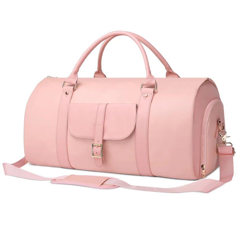 BOLOSTA Carry On Garment Bag for Women with Shoe Compartment 2 in 1 Leather Convertible Garment Duffle Bags for Travel Suit Bag for Hanging Clothes Long Dresses Birthday Day Gift for Her (Pink), Pink - Image 1