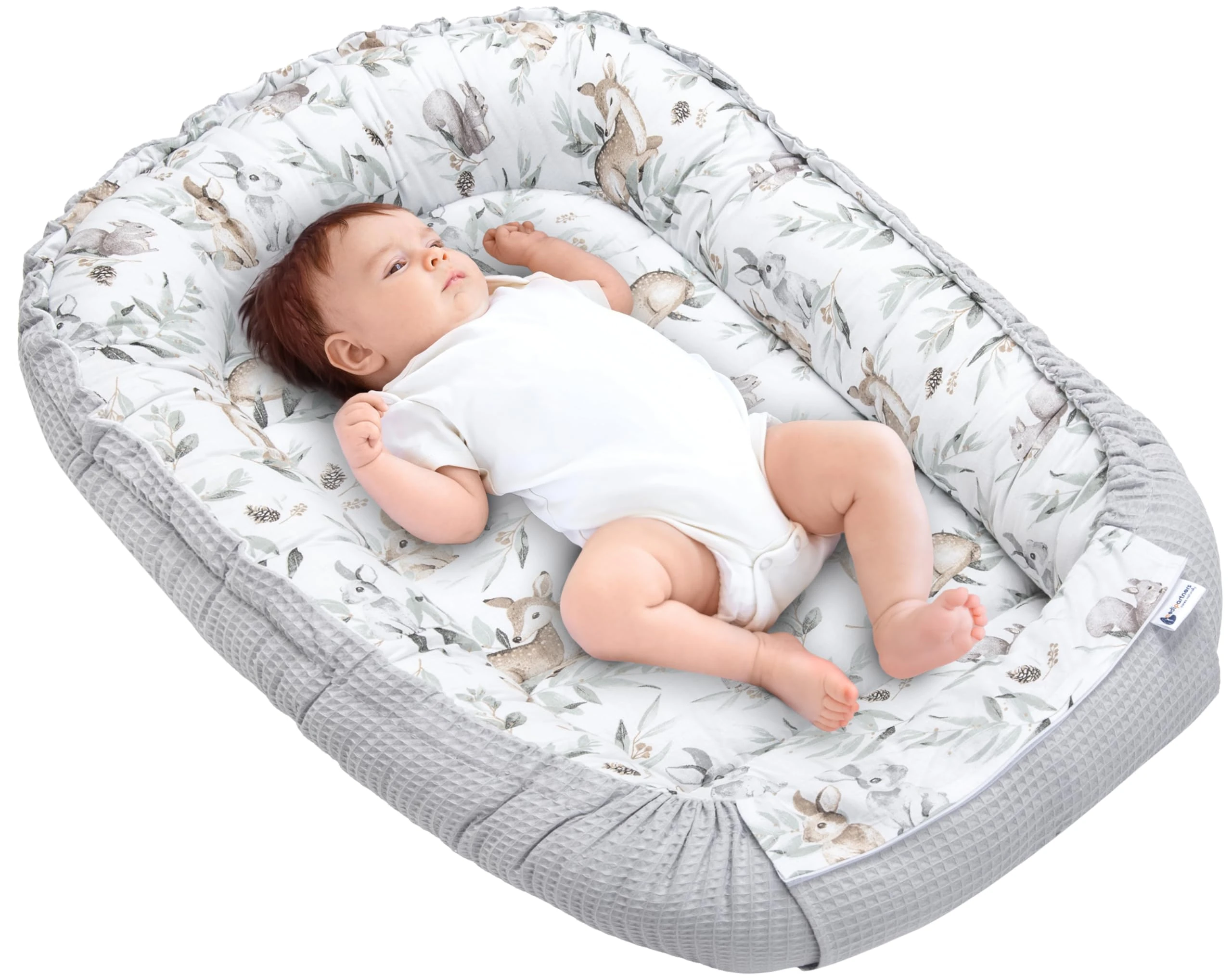 Medi Partners Baby Nest Pod for Newborn Babynest Sleep Bed - 100x60x15 Lounger Essentials 0-12 Months sleeping bilateral Cocoon 100% Cotton Waffle (Deer in leaves with grey Waffle)