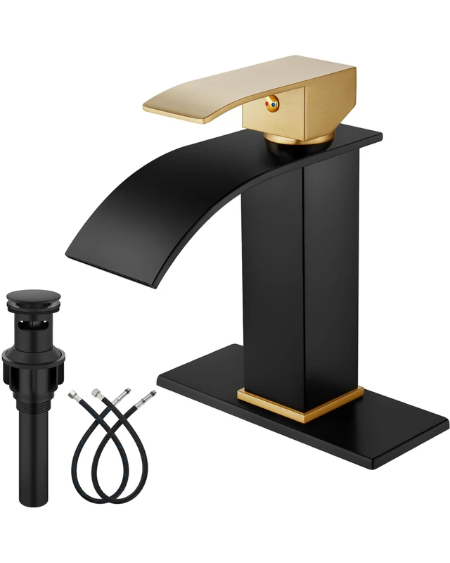 Midanya Waterfall Bathroom Sink Faucet, Brushed Gold Handle Matte Black Waterfall Bathroom Faucet, Single Hole Deck Mount Lavatory Faucet, Single Handle Faucet, Lavatory Mixer Tap with Pop-up Drain