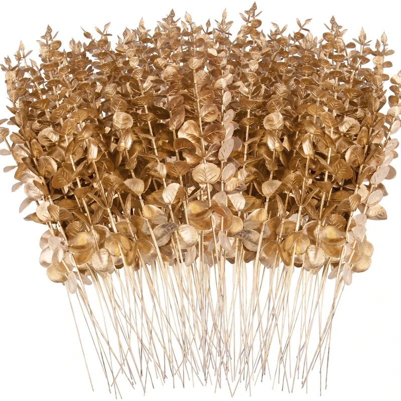 FEQO 120 Pcs Artificial Eucalyptus Stems 15 inch Gold Eucalyptus Leaves Stems Faux Eucalyptus Stem for Vase Wedding Bouquet Home (FF-23-072)