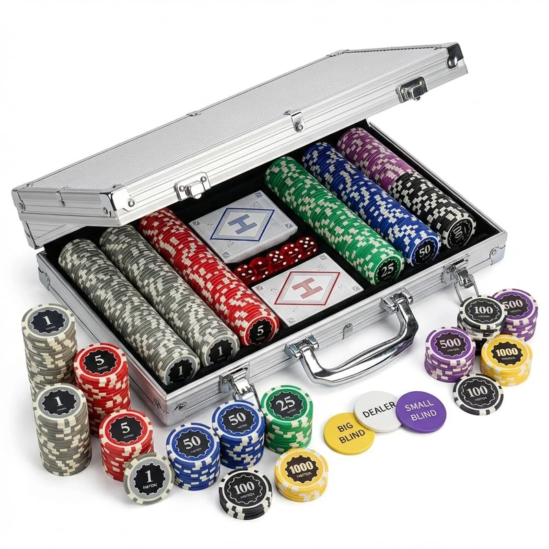 HEITOK Poker Chips Set with Denominations, 300pcs Professional 11.5g Numbered Chips with Aluminum Case Includes 5 Dice & 2 Decks of Pokers for Texas Hold'em