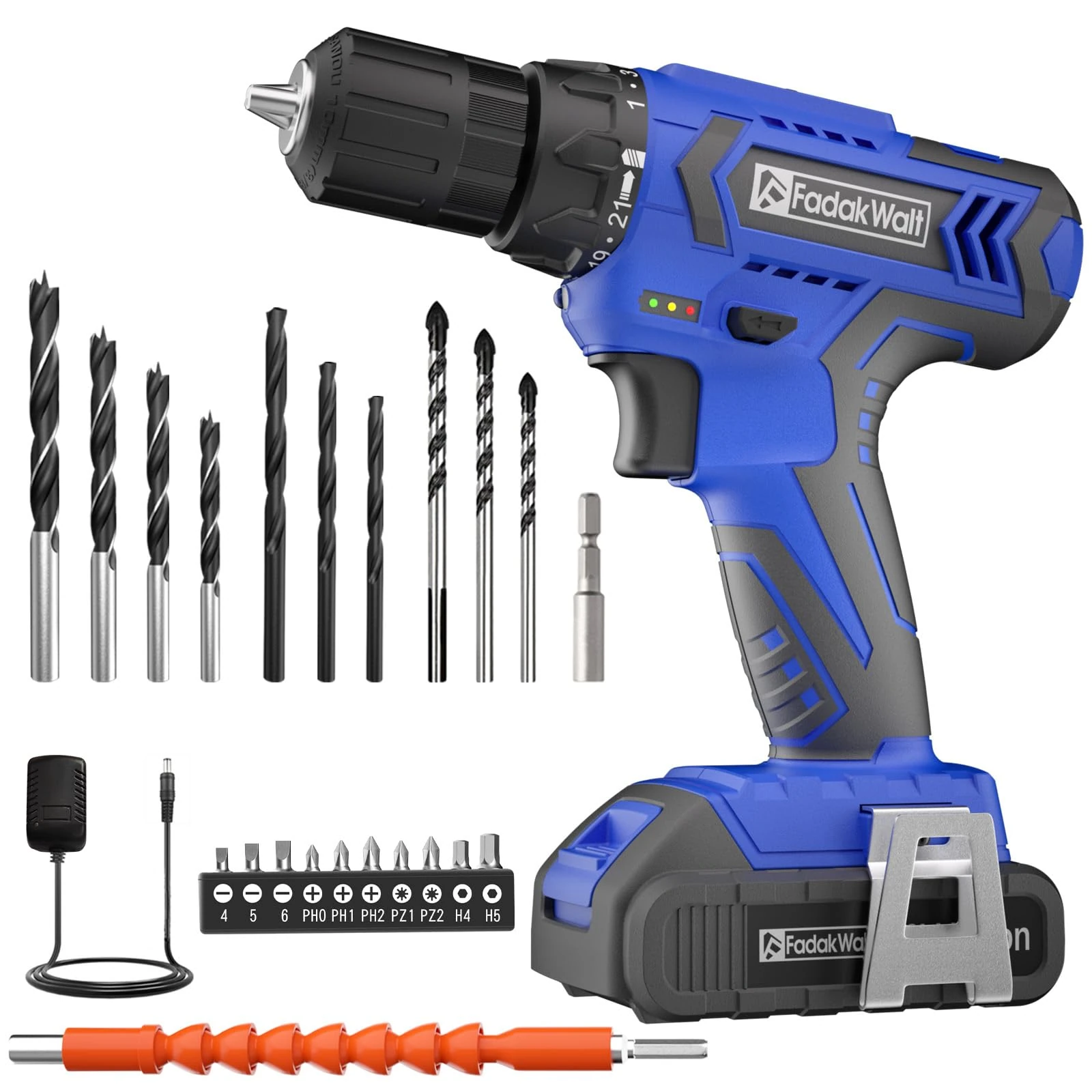 FADAKWALT Power Cordless Drill Driver, 20V and Screwdriver Set, Electric Combi Kit 21+1 Torque, DIY Accessory 2 Variable Speeds, Suitable for Wood, Metal Concrete, Blue