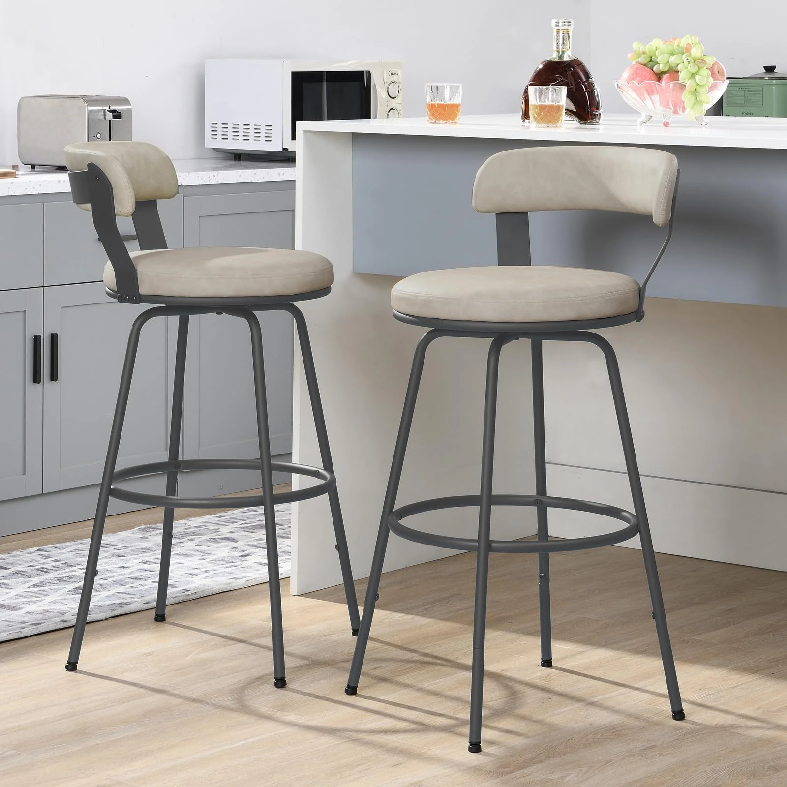 FERFALDER Bar Stools Set of 2-Metal Stools for Kitchen Counter PU Leather Barstools Swivel Bar Chairs for Dining Cafe,Metal Footrest,30” Beige