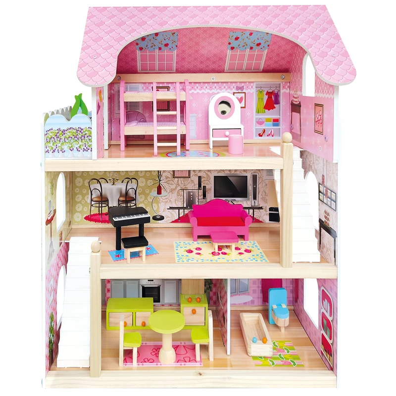 Bino world of toys Dollhouse with Balcony, Toddlers 3 Years Old, 3 Floors, Stairs, 4 Rooms, Balcony, Includes 15 Pieces, Accessories, Children's Skills, Pink