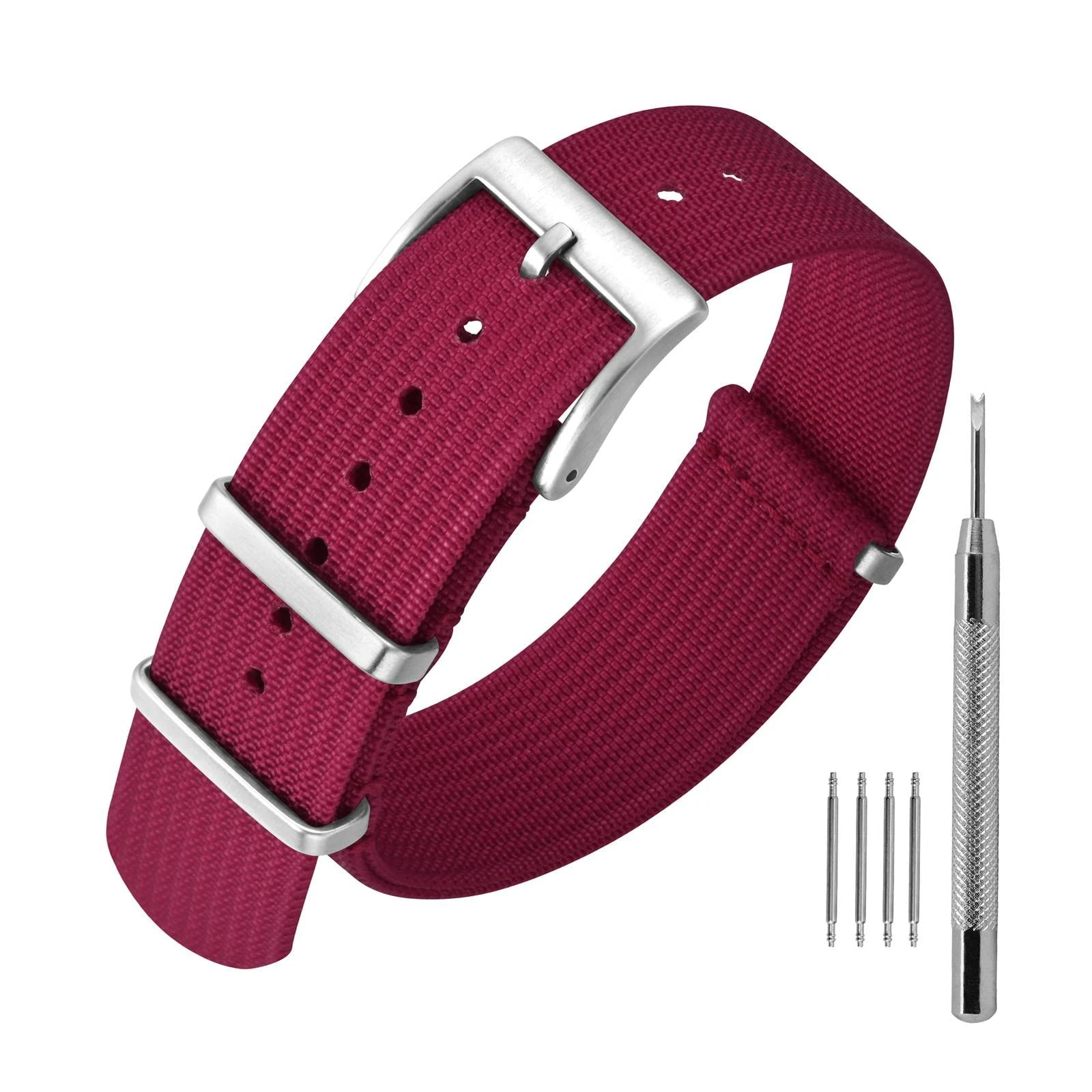 ANNEFIT Nylon Watch Strap 18mm, One-Piece Waterproof Military Watch Band with Heavy Silver Buckle (Red)