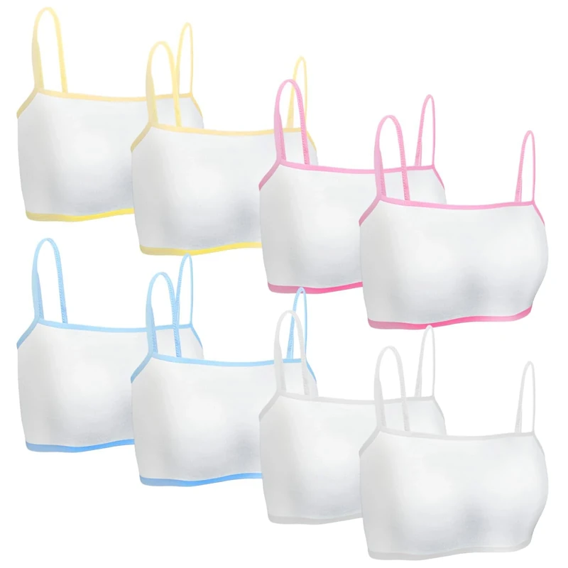 letcdfer 8pcs Sports Bra Counts Crop Top Girls Bras Training Seamless Cotton White Teen Camisole Style Lightweight Kids for 8-12 Years