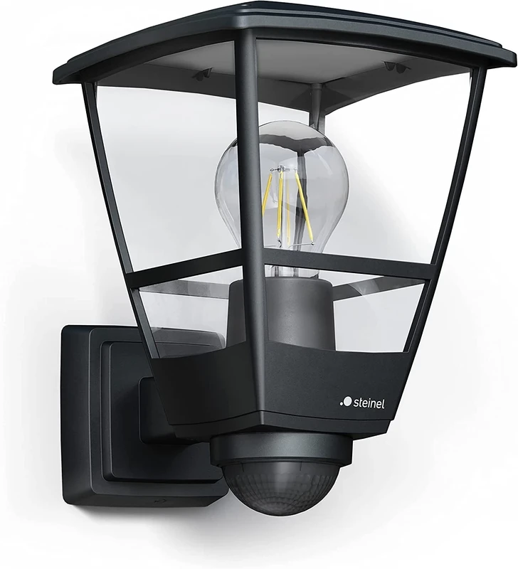 Steinel L 10 S Black Outdoor Wall Light, 180° Motion Sensor, Classic Outdoor Wall Lamp, E27, Lantern for House Entrance