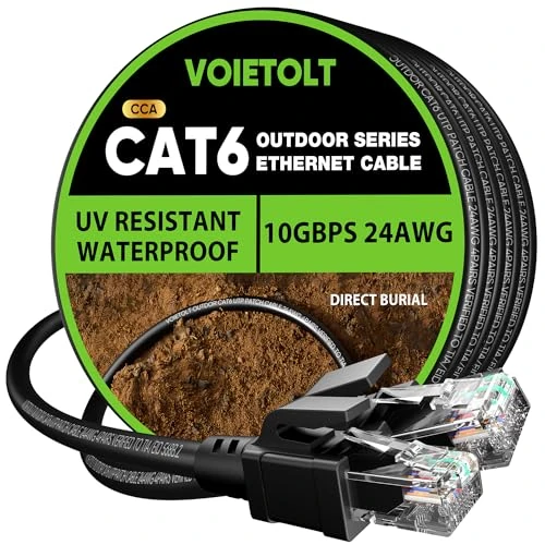 VOIETOLT Cat 6 Outdoor Ethernet Cable 30 ft, 24AWG 10Gbps Cat6 Cable Cord Waterproof Direct Burial LLDPE UV Jacket, Internet Network Cable with 20 Ties Support POE Cat6 Cat5e Cat5, CCA, UTP for PC