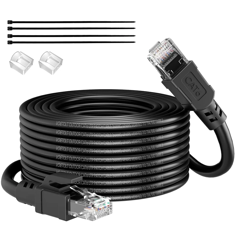 VOIETOLT Outdoor Cat 6 Ethernet Cable 75m, Water Resistant Direct Burial LLDPE UV Jacket - 24AWG 10Gbps High Speed Gigabit Internet Network Cable - CCA, UTP with 80 Ties - Black