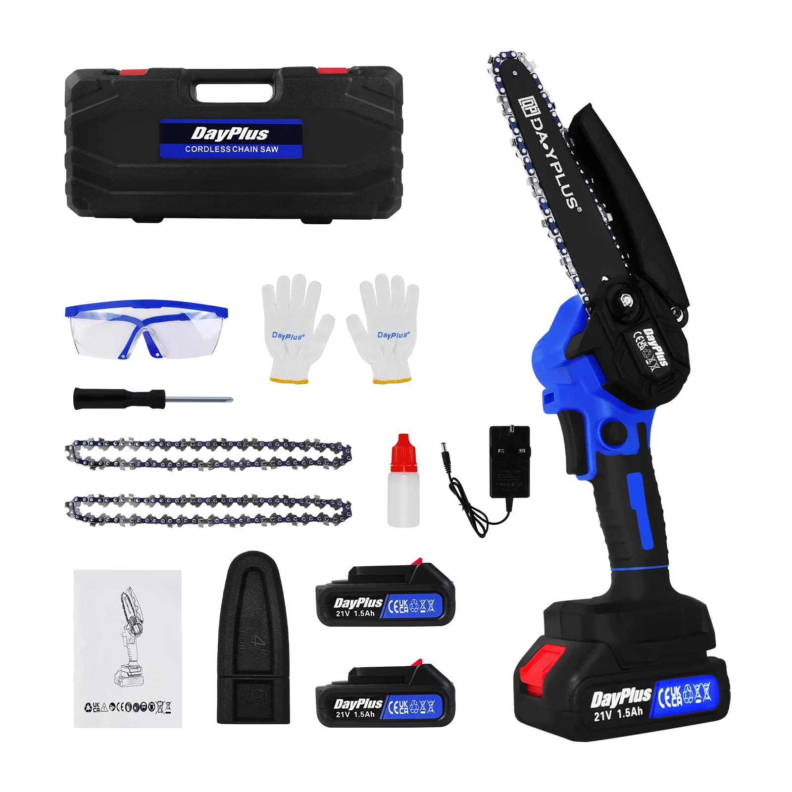 Mini Chainsaw 6 Inch Cordless Powered Chain Saw with 2 Batteries 2 Chains 21V Portable Electric Handheld Chainsaw for Tree Trimming/Branch/Wood Cutting Blue