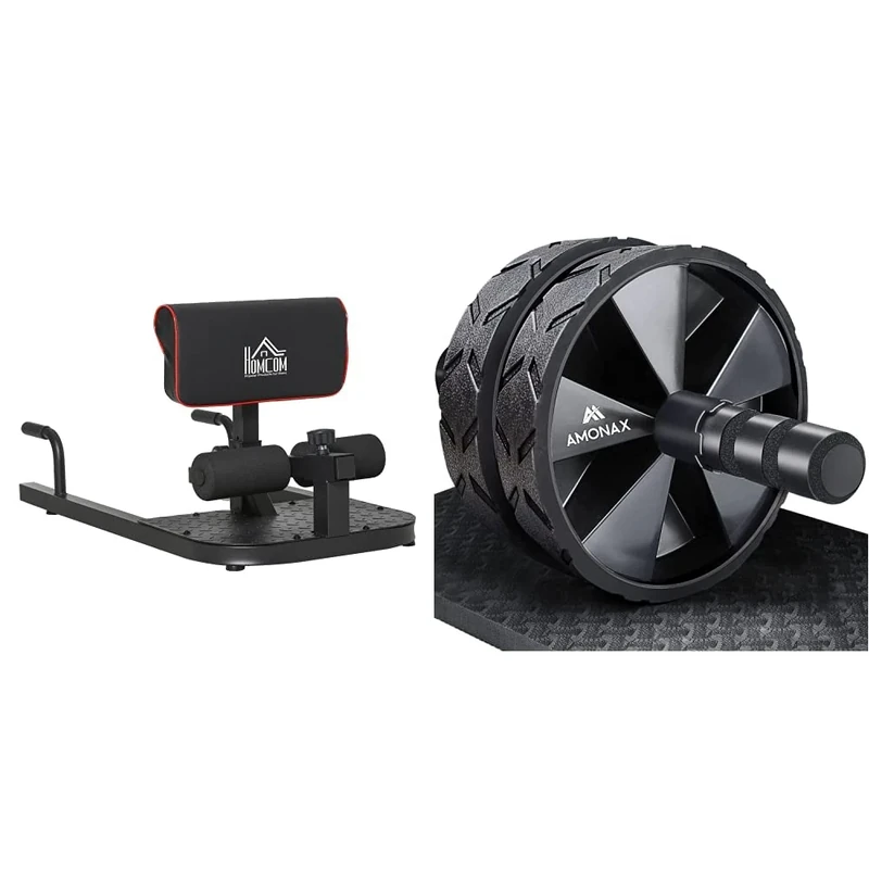 HOMCOM 3-in-1 Padded Push Up Sit Up Deep Sissy Squat Machine Home Gym Work Out Leg Fitness Equipment, Black & Amonax Convertible Ab Wheel Roller with Large Knee Mat for Core Abs Rollout Exercise.