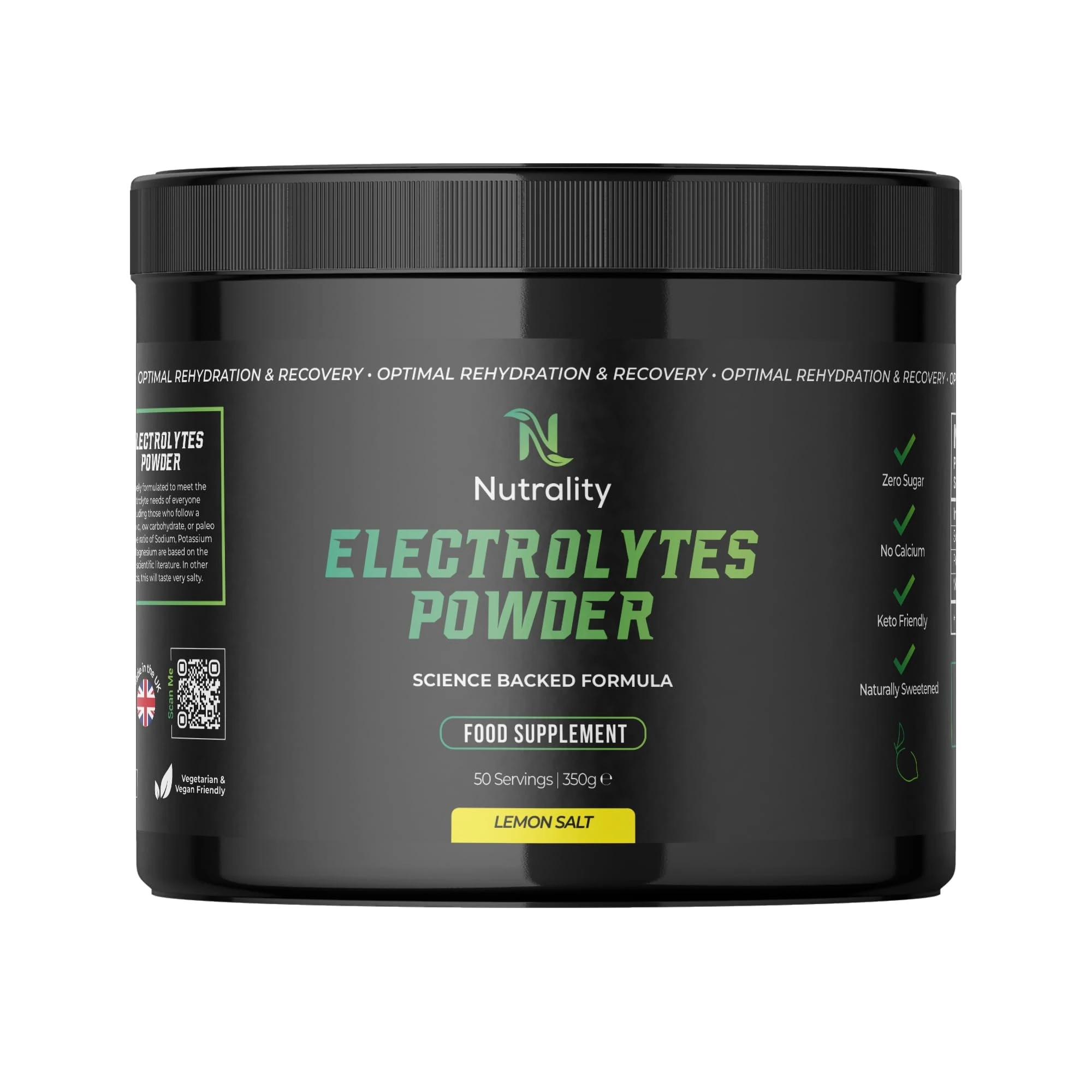 Nutrality Electrolytes Powder 350g | Vegan | Sugar, Calcium & Artificial Flavour Free | Keto Electrolytes, Paleo Hydration | 1000mg Sodium, 200mg Potassium & 60mg Magnesium | 50 Servings | Lemon