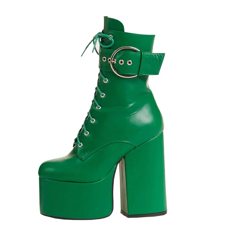 LAMODA Green One Shot Platform Ankle Boots PU for Women, Chunky Ankle Boots with High Heel and Round Toe, Trendy Platform Footwear for Casual, Party, or Streetwear Looks, UK 5