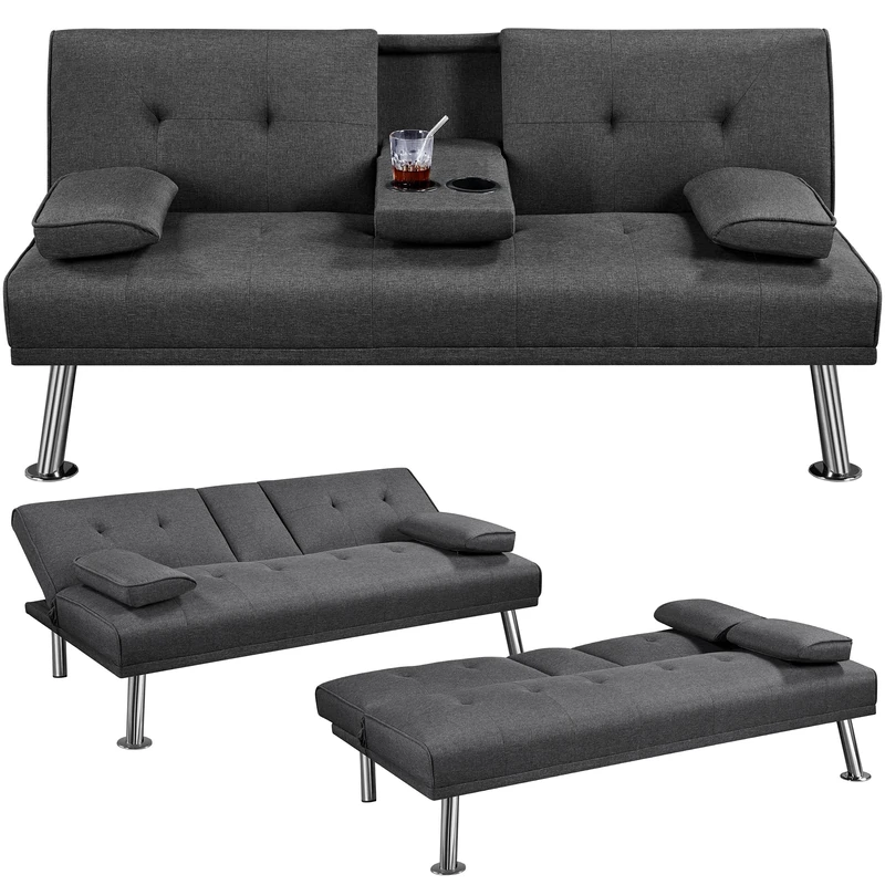 Yaheetech Sofa Bed Fabric Click Clack Sofa Bed with 2 Cup Holders, Convertible Futon Settee, Futon Recliner Lounge for Living Room, Spare Room, Bedroom, Dark Gray