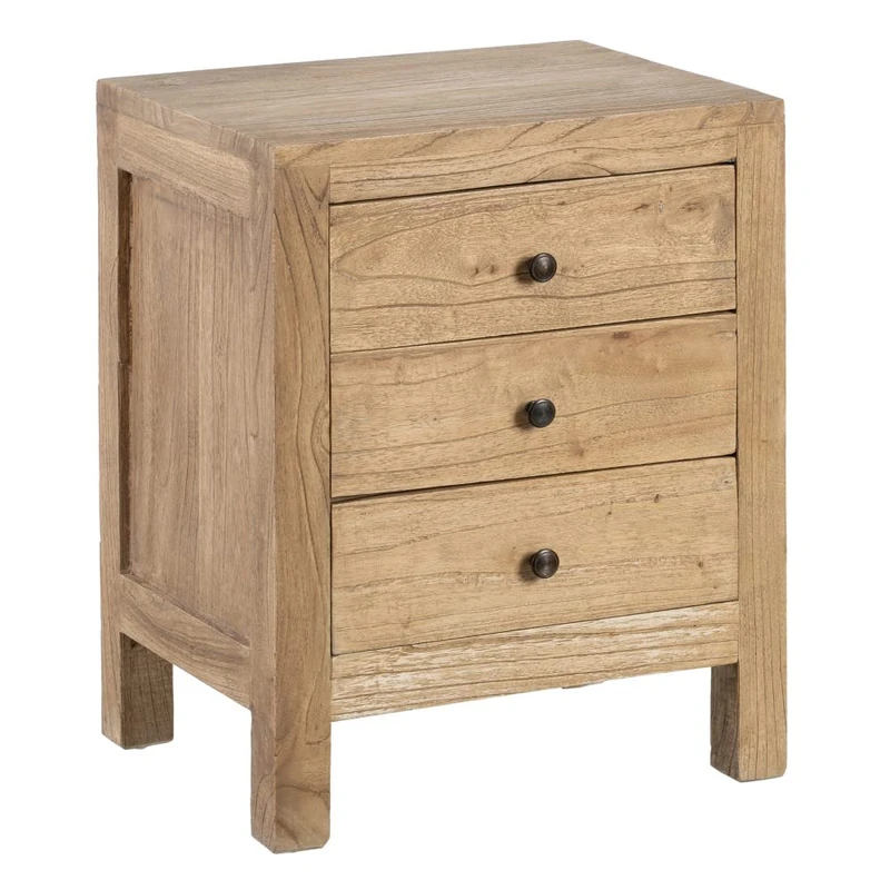 LOLAhome Bedside Table with 3 Drawers Natural Mindi Wood 43 x 34 x 55 cm