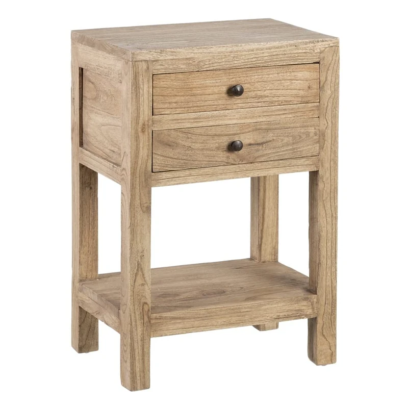 LOLAhome Bedside Table with 2 Drawers Natural Mindi Wood 45 x 30 x 66 cm