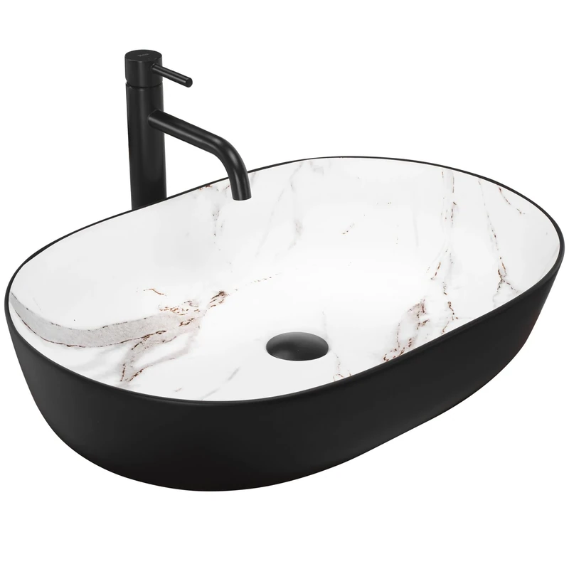 Rea Cleo Black AIAX Countertop Wash Basin, Matt Washbasin, Hand Washbasin, Sink for Bathroom, Made of High-Quality Ceramic, 410 x 605 x 140 mm (Black, Imitation Stone)